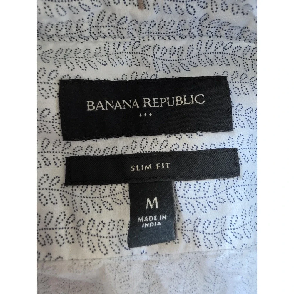 Banana Republic Men M Cotton Polo Shirt White Blue Leaf Collared Top